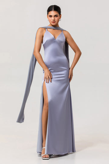 Dusty Blue Sheath Satin Bridesmaid Dress with Sash